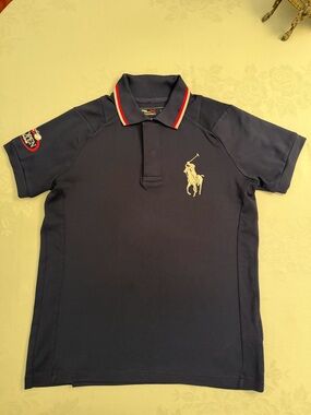 Ralph Lauren Navy Polo with Cream Logo and Red-Trim Collar